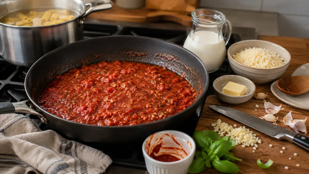 Tomato, garlic, and tomato paste sauce simmering in a skillet while rigatoni cooks separately, before cream, Parmesan, and pasta are added.