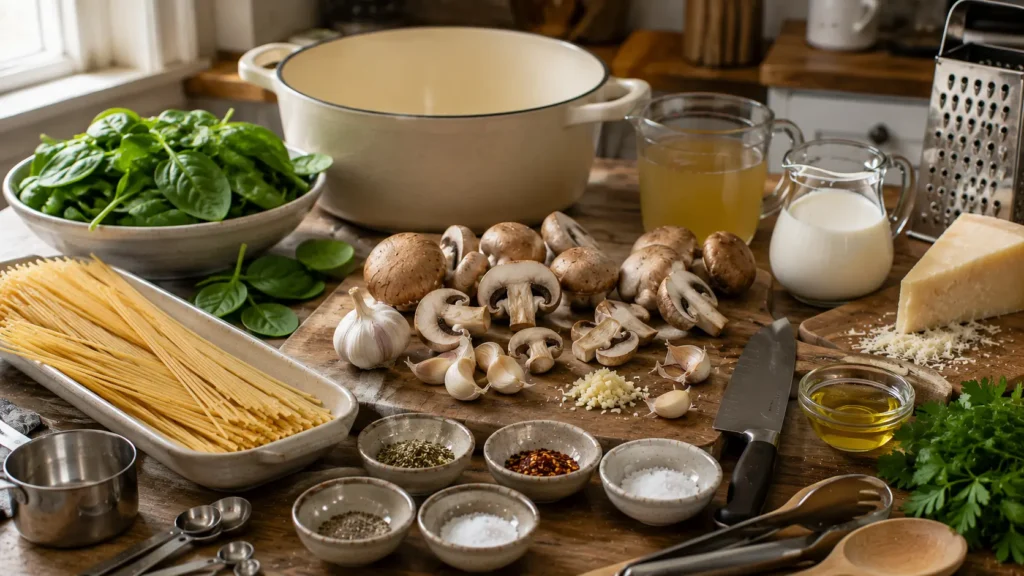 Ingredients for garlic Parmesan pasta with linguine, cremini mushrooms, spinach, garlic, Parmesan, heavy cream, butter, vegetable broth, and seasonings.