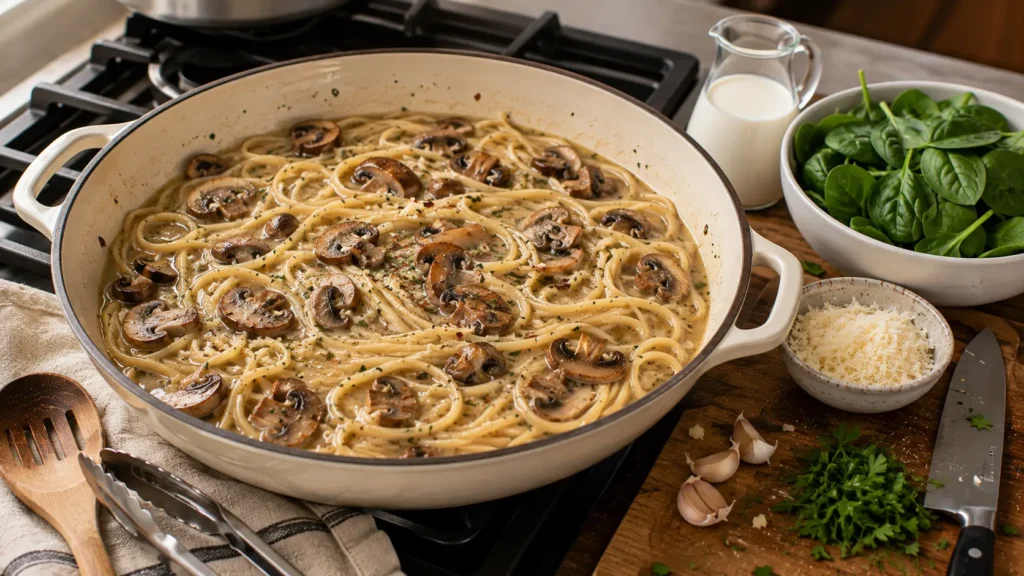 Linguine and browned mushrooms cooking directly in vegetable broth before cream, spinach, Parmesan, and parsley are added.
