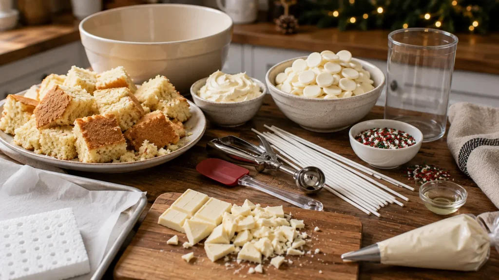 Ingredients for Christmas cake pops including vanilla cake, frosting, white candy melts, white chocolate, Christmas sprinkles, and cake-pop sticks.