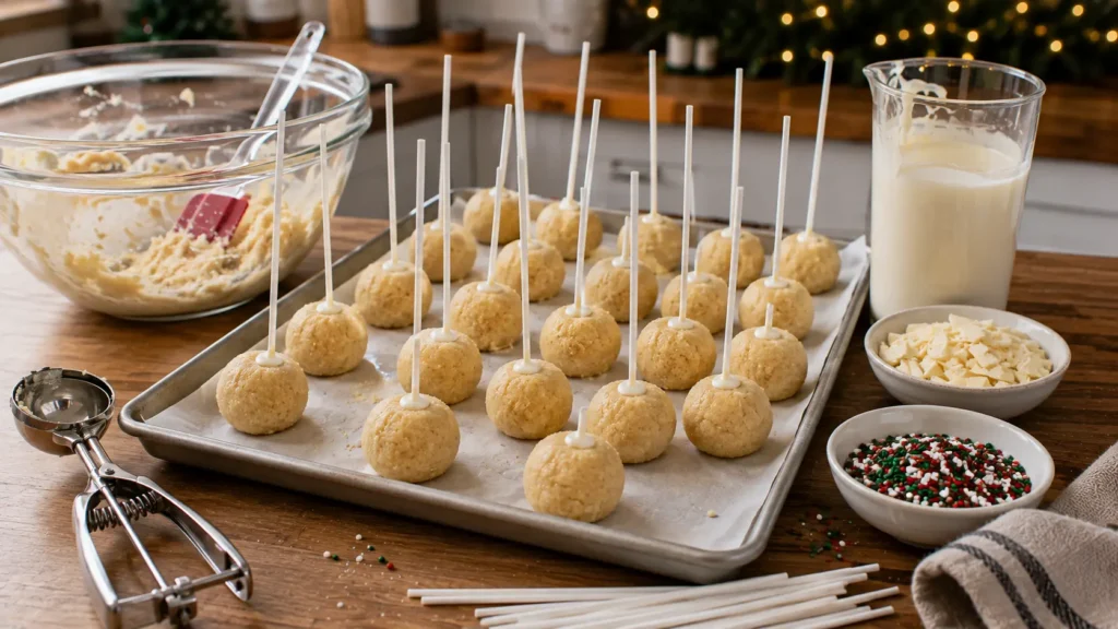 Uncoated vanilla Christmas cake pops attached to sticks on a parchment-lined baking sheet before dipping in white coating and decorating with chocolate drizzle and sprinkles.