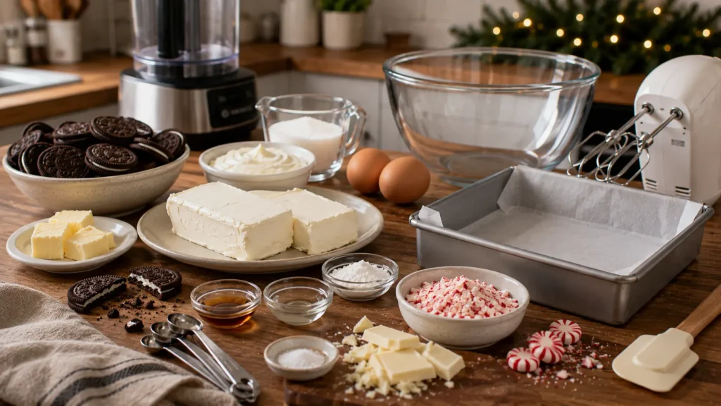 Ingredients for peppermint bark cheesecake bars including chocolate sandwich cookies, reduced-fat cream cheese, Greek yogurt, eggs, white chocolate, and crushed peppermint candies.