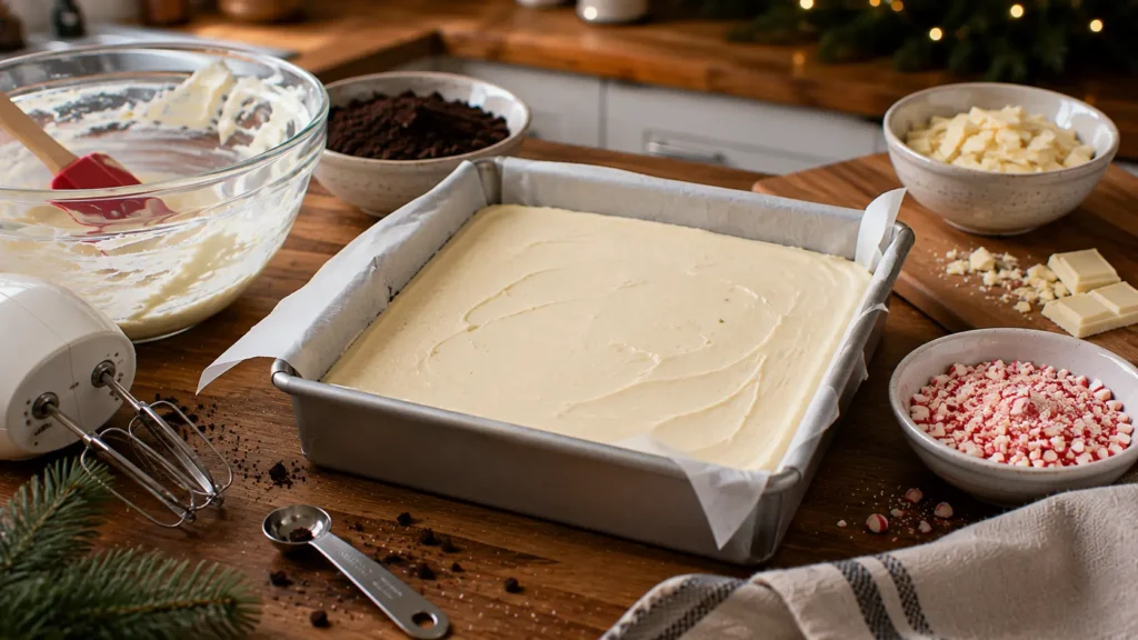 Unbaked peppermint cheesecake filling poured over a pre-baked chocolate cookie crust before baking, with white chocolate and crushed peppermint waiting to be added later.