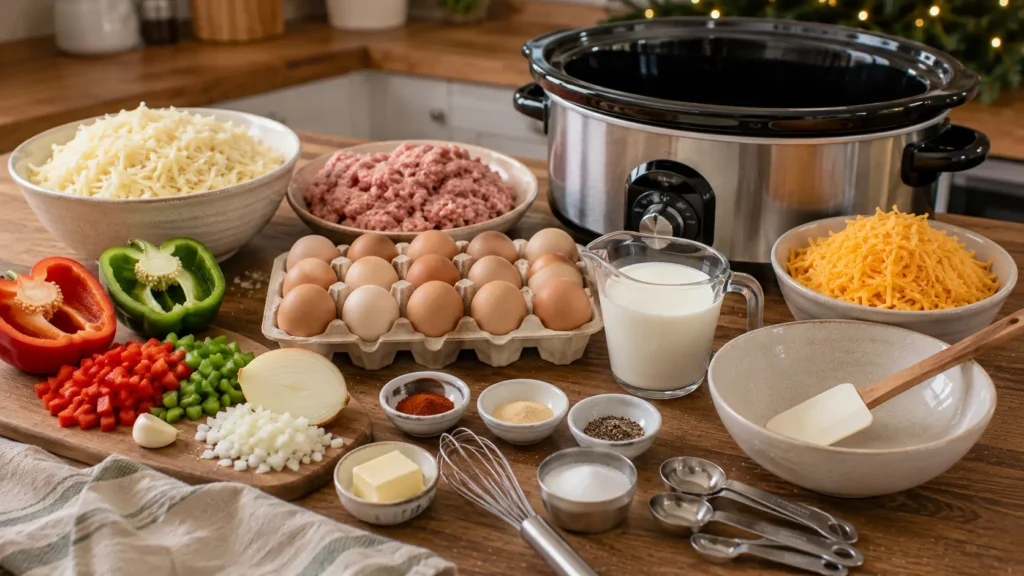 Ingredients for slow cooker Christmas breakfast casserole including shredded hash browns, breakfast sausage, eggs, cheddar cheese, milk, and red and green bell peppers.