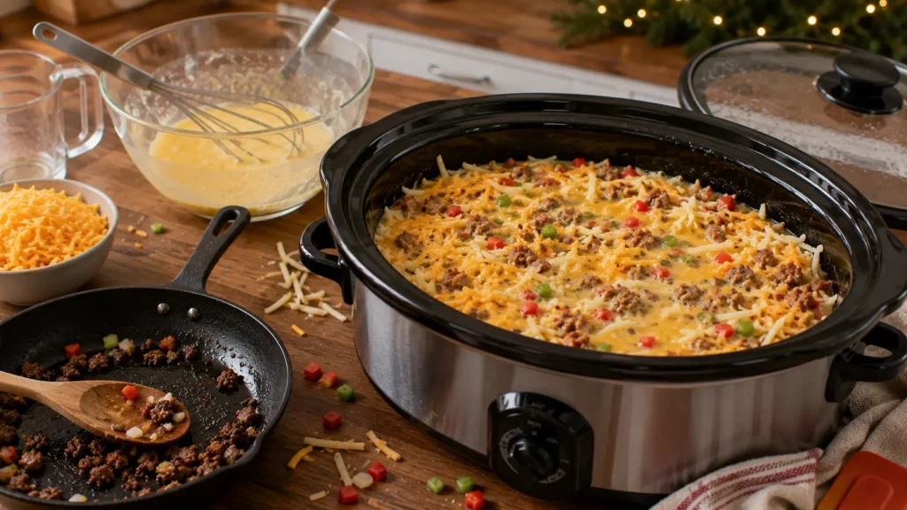 Uncooked Christmas breakfast casserole layered in a slow cooker with hash browns, cooked sausage, red and green peppers, cheddar, and freshly poured raw egg mixture before slow cooking.