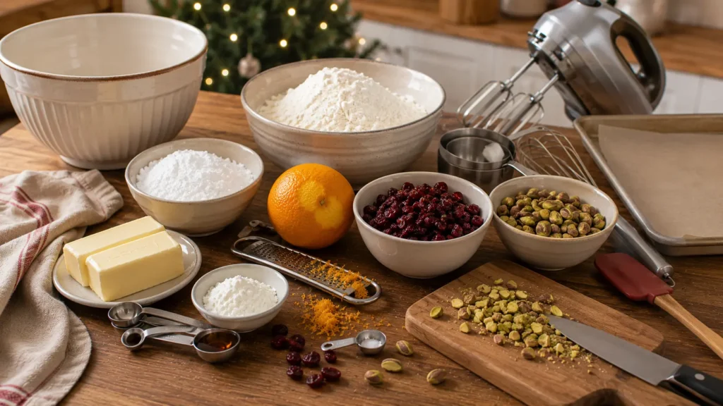 Ingredients for cranberry pistachio shortbread cookies including butter, powdered sugar, flour, cornstarch, dried cranberries, pistachios, vanilla, and fresh orange.