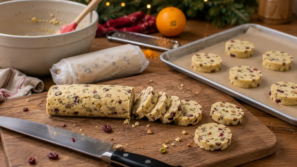 Ingredients for cranberry pistachio shortbread cookies including butter, powdered sugar, flour, cornstarch, dried cranberries, pistachios, vanilla, and fresh orange.