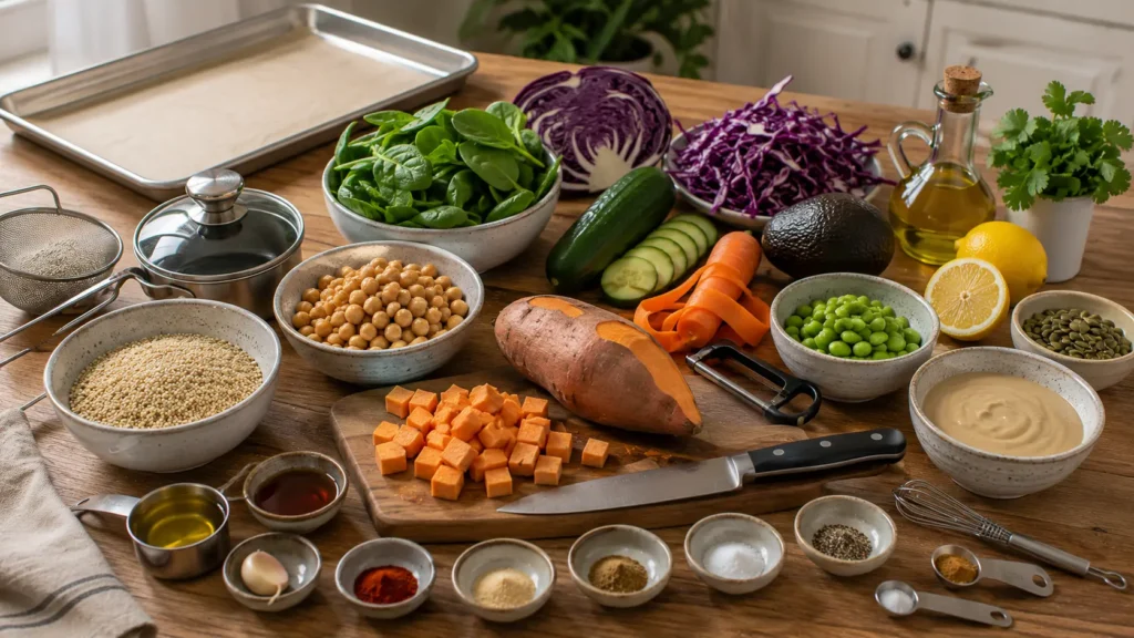 Ingredients for a New Year Buddha bowl including quinoa, sweet potato, chickpeas, spinach, purple cabbage, cucumber, carrot, avocado, edamame, pumpkin seeds, tahini, and lemon.