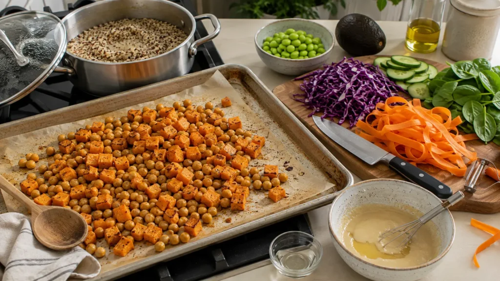 Sweet potatoes and chickpeas partially roasting on a sheet pan while quinoa cooks and fresh vegetables are prepared for a 30-minute Buddha bowl.