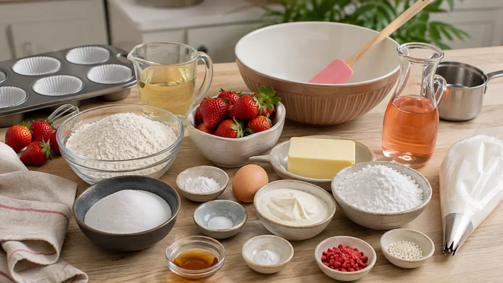 Ingredients for strawberry champagne cupcakes with rosé buttercream including fresh strawberries, sparkling wine, flour, butter, eggs, sour cream, powdered sugar and rosé wine.