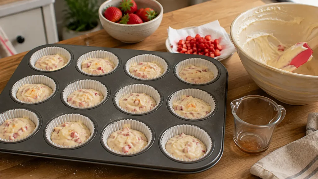 Raw strawberry champagne cupcake batter with fresh strawberry pieces portioned into paper liners in a muffin pan before baking.