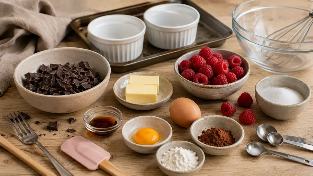 Ingredients for raspberry chocolate lava cakes for two including dark chocolate, butter, one egg, one egg yolk, raspberries, sugar, flour, vanilla, cocoa powder, and two ramekins.