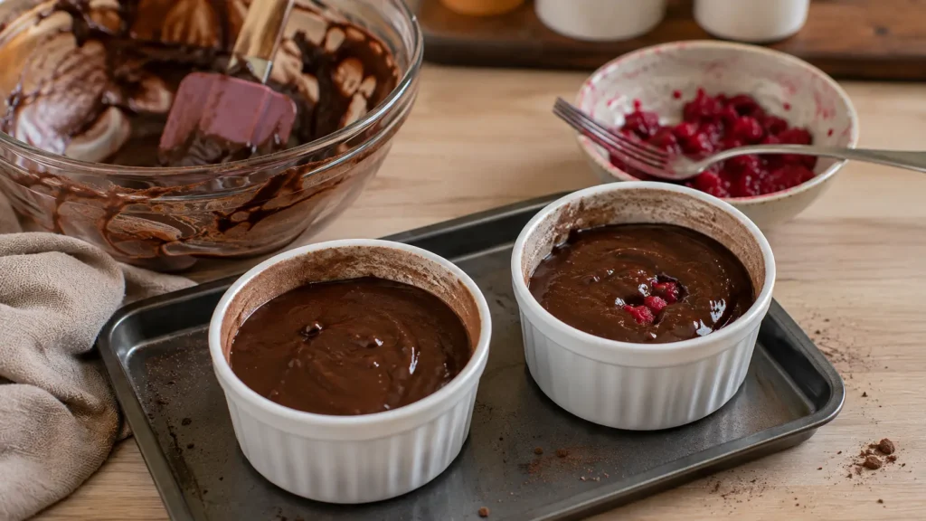 Two ramekins filled with raw chocolate lava cake batter and crushed raspberry centers on a baking sheet before baking.