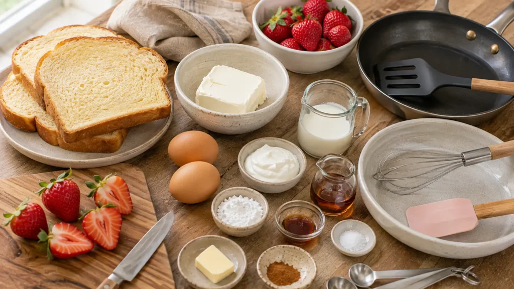 Ingredients for strawberry cheesecake stuffed French toast including brioche, fresh strawberries, cream cheese, Greek yogurt, eggs, milk, vanilla, cinnamon, butter, and maple syrup.