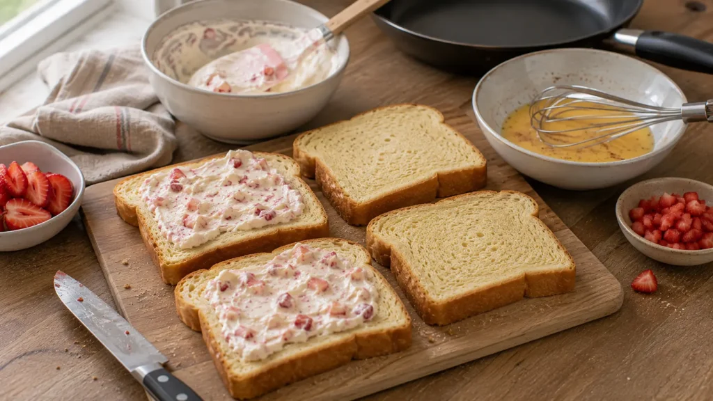 Thick brioche slices being filled with fresh strawberry cheesecake mixture beside a bowl of raw French toast custard before dipping and cooking.