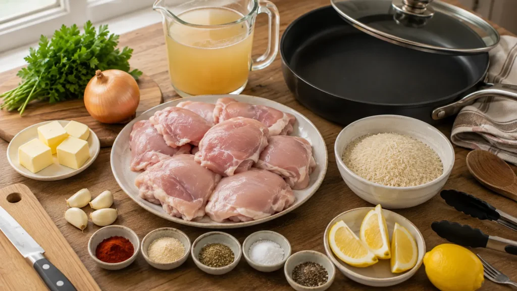 Ingredients for one pan garlic butter chicken and rice including boneless chicken thighs, long-grain rice, butter, garlic, onion, chicken broth, herbs, parsley, and lemon.