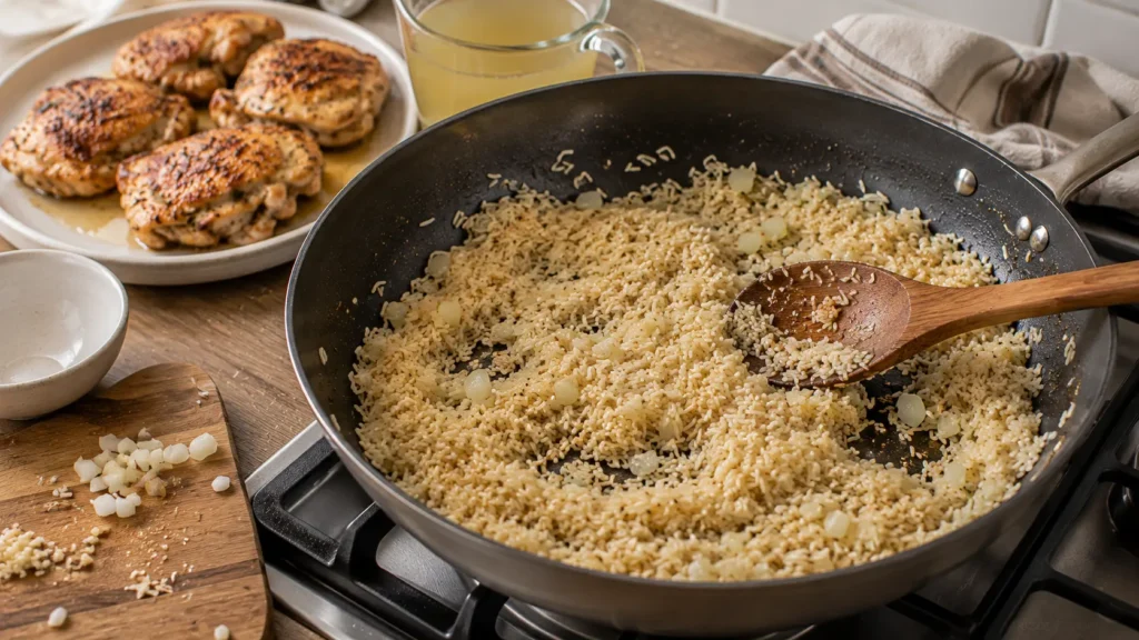 Raw long-grain rice being toasted with garlic, butter, and onion in the skillet while seared chicken thighs rest on a plate before broth is added.