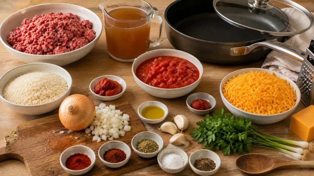 Ingredients for cheesy ground beef and rice skillet including ground beef, long-grain rice, cheddar, diced tomatoes, onion, garlic, beef broth, tomato paste, and seasonings.