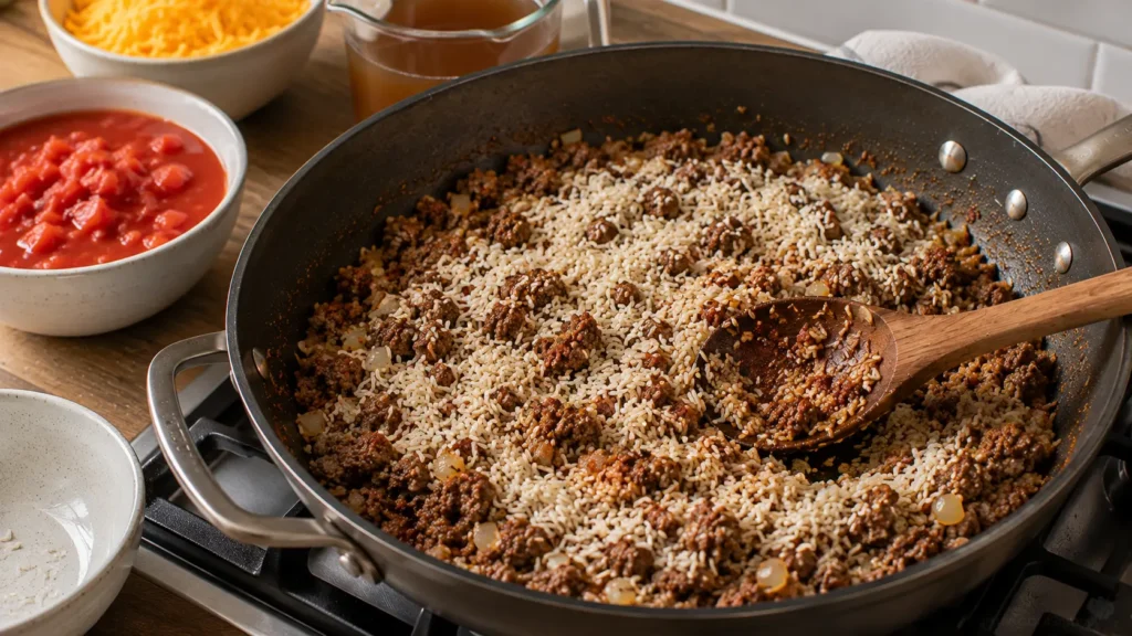 Browned ground beef mixed with onion, garlic, tomato paste, seasonings, and uncooked long-grain rice before tomatoes, beef broth, and cheddar are added.