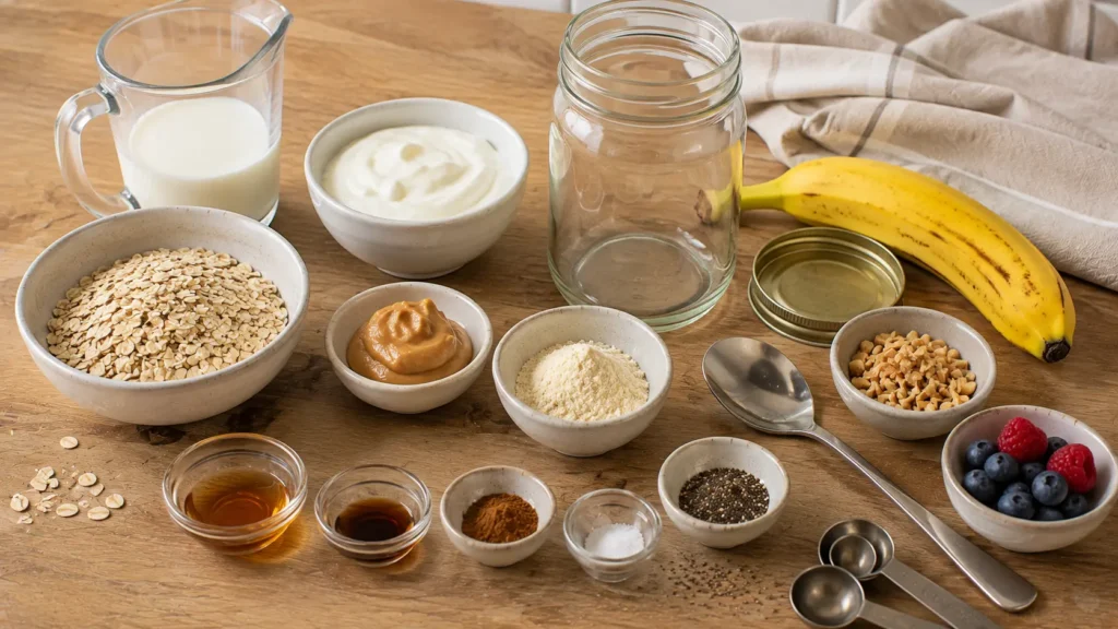 Ingredients for peanut butter protein overnight oats including rolled oats, Greek yogurt, milk, peanut butter, protein powder, chia seeds, maple syrup, banana, and cinnamon.
