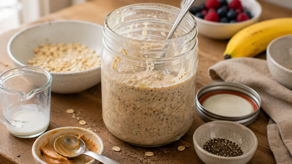 Freshly mixed peanut butter protein overnight oats with rolled oats and chia seeds in an open glass jar before covering and refrigerating overnight.
