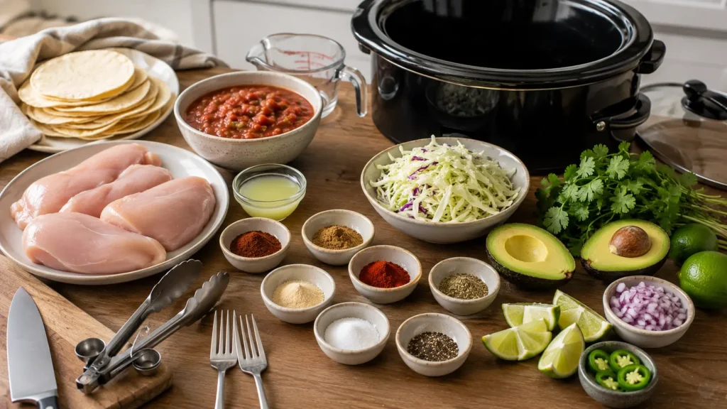 Ingredients for slow cooker salsa chicken tacos including raw chicken breasts, chunky salsa, corn tortillas, cabbage, avocado, lime, cilantro, and taco seasonings.