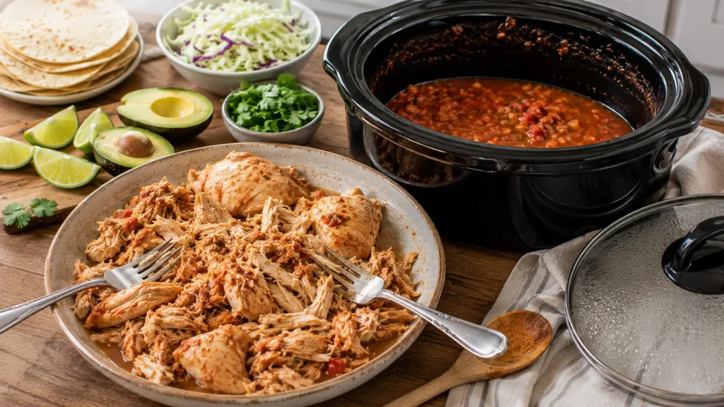 Cooked salsa chicken being shredded with two forks beside the slow cooker before the chicken is returned to the salsa cooking juices and assembled into tacos.