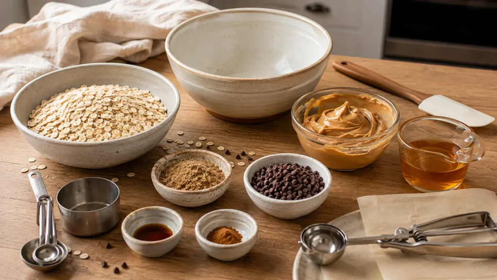 Rolled oats, creamy peanut butter, honey, ground flaxseed, mini chocolate chips, vanilla, cinnamon and salt arranged for no-bake peanut butter energy balls.