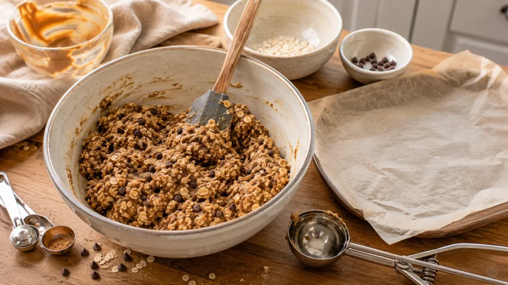 Thick peanut butter energy ball mixture with visible rolled oats, flaxseed and mini chocolate chips in a mixing bowl before chilling, scooping and rolling.