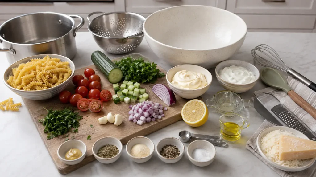 Ingredients for creamy garlic Parmesan pasta salad including dry rotini, tomatoes, cucumber, red onion, Parmesan, mayonnaise, Greek yogurt, garlic and lemon.