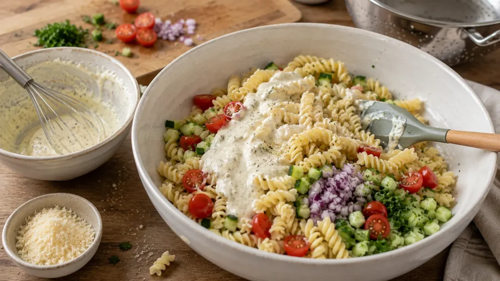 Cooled rotini and fresh vegetables with creamy garlic Parmesan dressing partially added in a mixing bowl before the pasta salad is fully tossed and chilled.