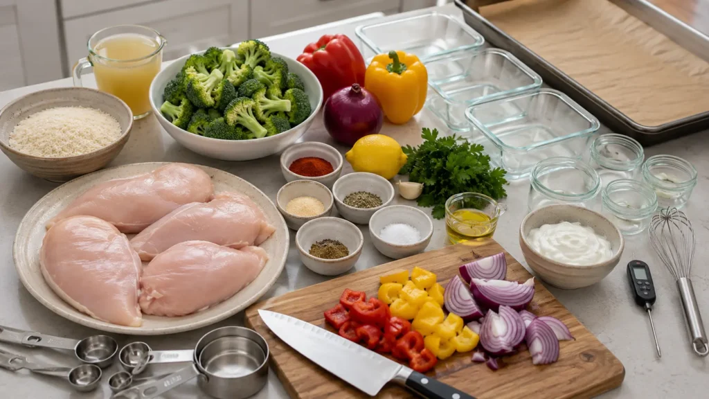 Ingredients for high-protein chicken meal prep bowls including raw chicken breast, rice, broccoli, bell peppers, Greek yogurt, lemon and seasonings