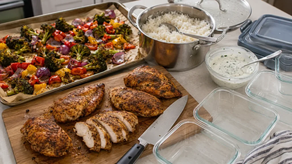 Roasted seasoned chicken being sliced beside cooked rice, roasted broccoli and peppers, Greek yogurt garlic sauce and empty meal-prep containers before assembly.