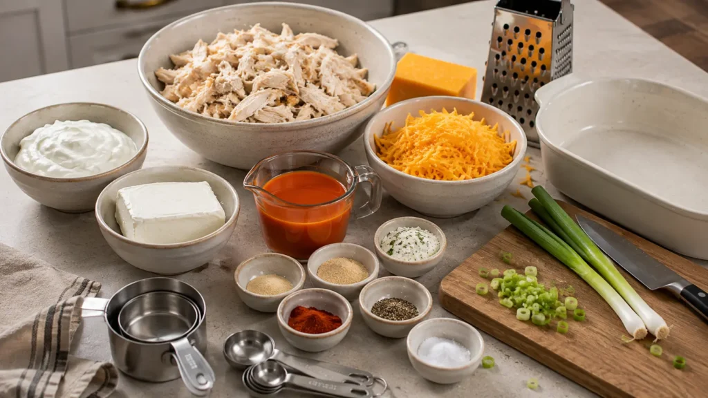 Ingredients for lightened up buffalo chicken dip including shredded chicken, Greek yogurt, reduced-fat cream cheese, buffalo sauce, cheddar, green onions and seasonings.