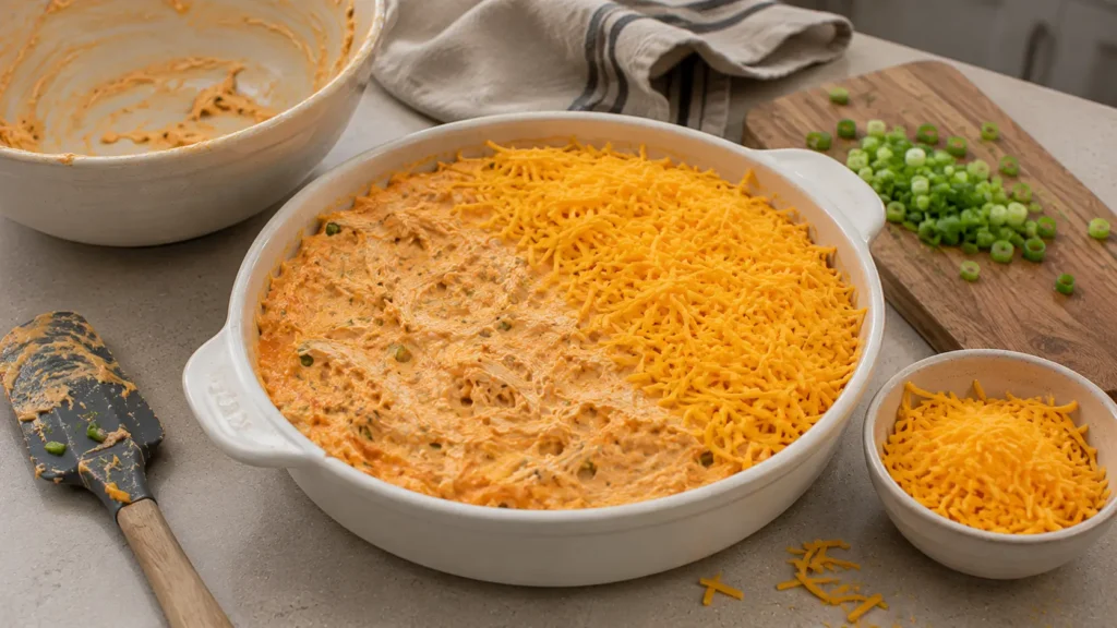 Unbaked buffalo chicken dip in a ceramic baking dish with raw shredded cheddar partially added on top before baking and broiling until crispy.