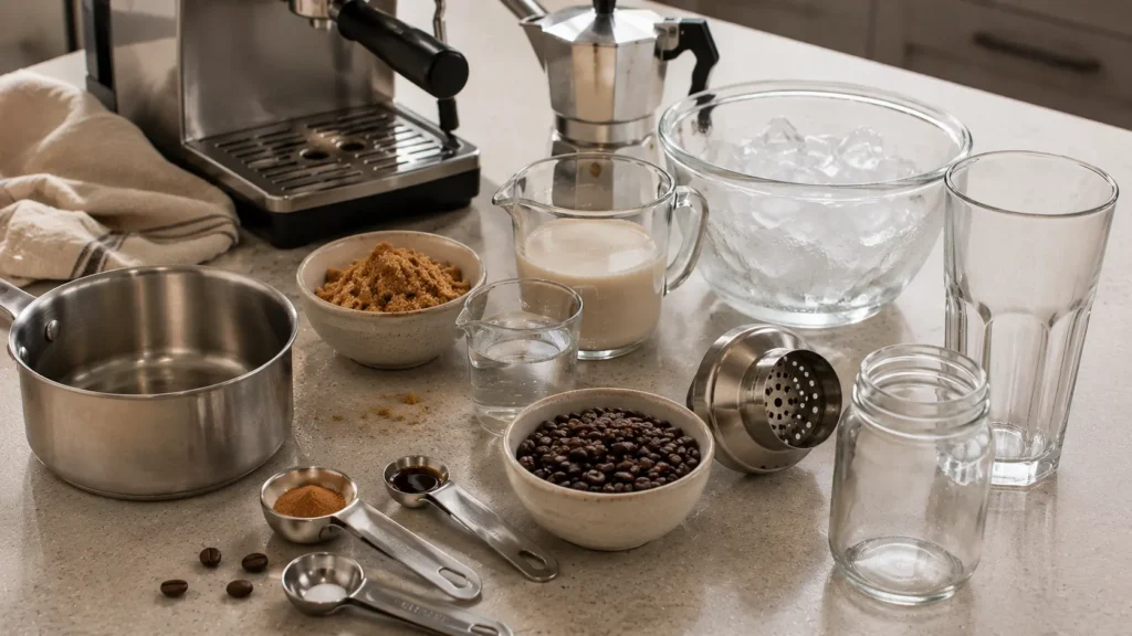 Ingredients for brown sugar oat milk iced espresso including espresso coffee, oat milk, brown sugar, cinnamon, vanilla and ice.