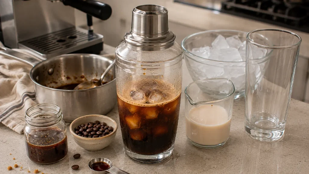 Brown sugar cinnamon espresso shaken with ice in a chilled glass shaker beside separate oat milk and an empty serving glass before final assembly.
