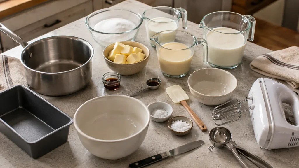 Ingredients for no-churn salted caramel ice cream including heavy cream, sweetened condensed milk, sugar, butter, vanilla and sea salt.