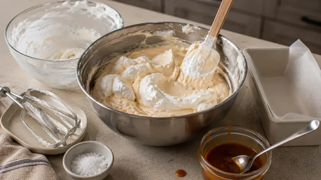 Partially folded no-churn salted caramel ice cream base with visible whipped cream streaks beside cooled caramel and an empty loaf pan before freezing.
