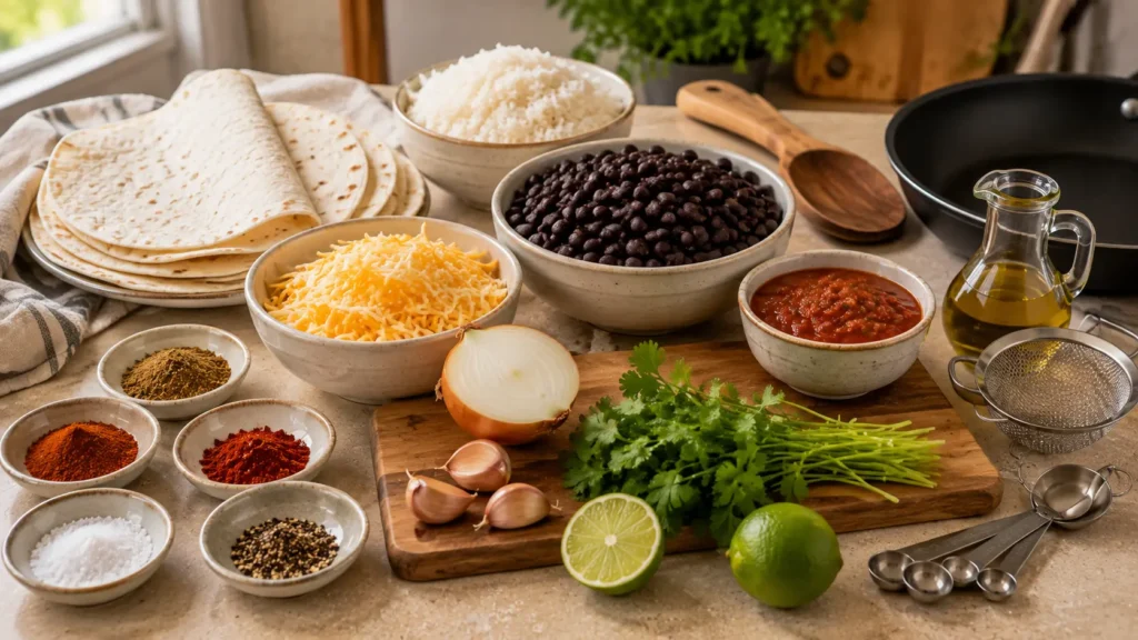 Ingredients for cheesy bean and rice burritos including black beans, cooked rice, flour tortillas, shredded cheese, salsa, onion, garlic, lime and spices.
