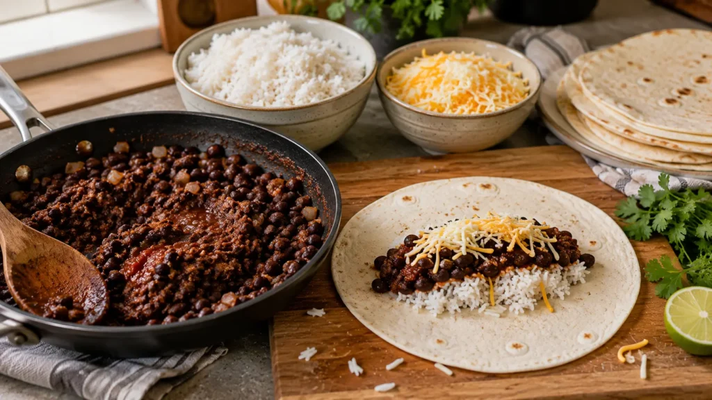 Seasoned black bean filling in a skillet beside an open flour tortilla partially topped with rice, beans and shredded cheese during burrito assembly.