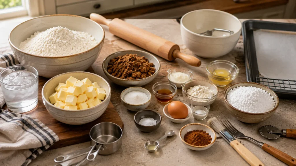 Ingredients for homemade brown sugar cinnamon pop tarts including flour, cold butter, brown sugar, cinnamon, powdered sugar, milk, vanilla, and egg.