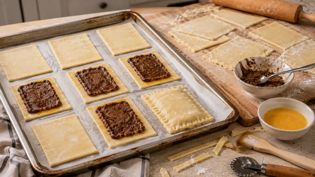 Raw homemade pop tart pastry rectangles being filled with brown sugar cinnamon filling on a parchment-lined baking sheet before sealing and baking.
