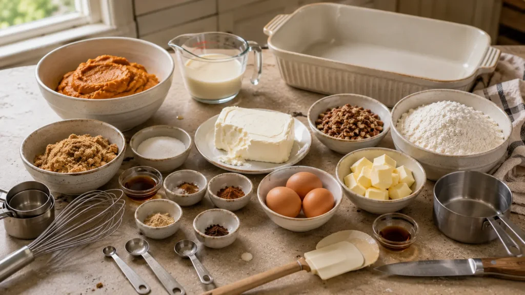 Ingredients for pumpkin cream cheese dump cake including pumpkin puree, cream cheese, yellow cake mix, brown sugar, pecans, butter, eggs, evaporated milk, and fall spices.