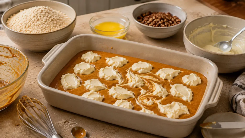 Raw pumpkin dump cake filling in a baking dish with cream cheese dollops being gently swirled before adding the dry cake mix, pecans, and melted butter.