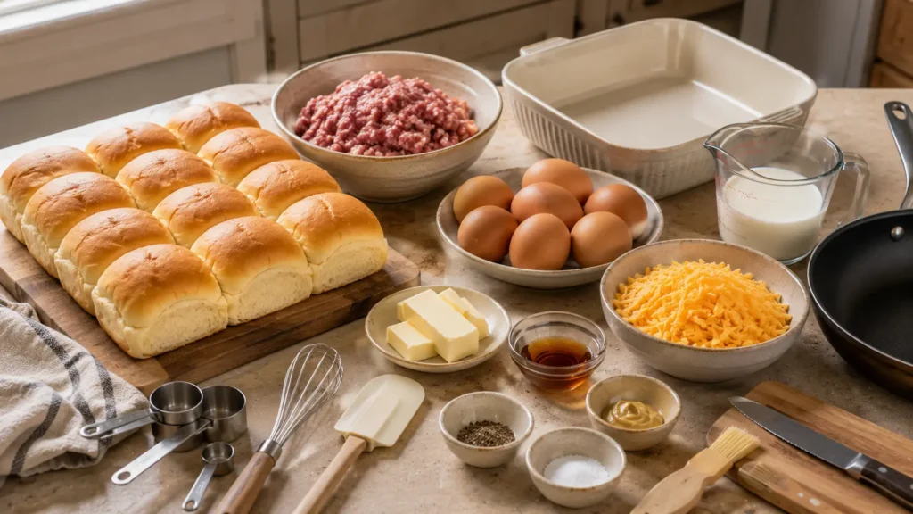 Ingredients for sausage egg and cheese breakfast sliders including Hawaiian rolls, breakfast sausage, eggs, cheddar cheese, milk, butter, maple syrup, and Dijon mustard.
