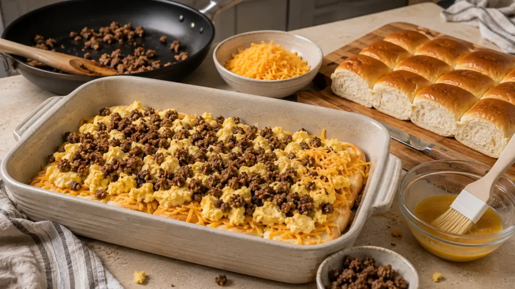 Open-faced sausage egg and cheese breakfast sliders being assembled with scrambled eggs, browned sausage, and cheddar before adding the roll tops and baking.