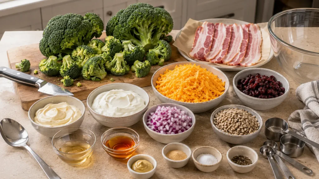 Ingredients for creamy broccoli bacon salad including fresh broccoli, bacon, cheddar, dried cranberries, red onion, sunflower seeds, mayonnaise, and Greek yogurt.