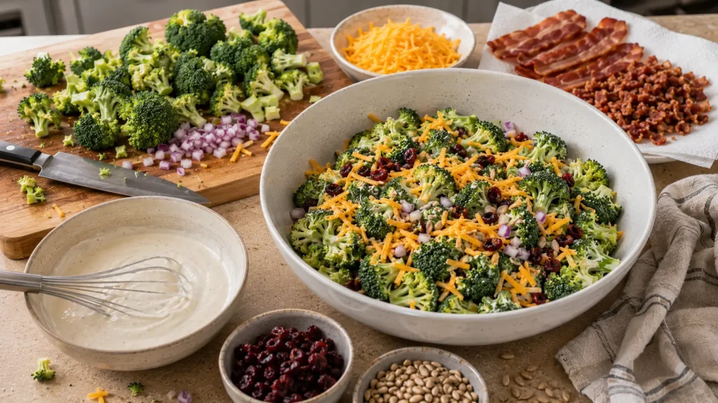 Chopped broccoli, cheddar, cranberries, and red onion being assembled for broccoli bacon salad with crispy bacon and creamy dressing waiting to be added.