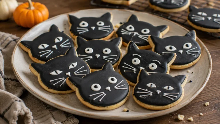 Homemade Black Cat Sugar Cookies decorated with black royal icing, white eyes and piped whiskers for Halloween.
